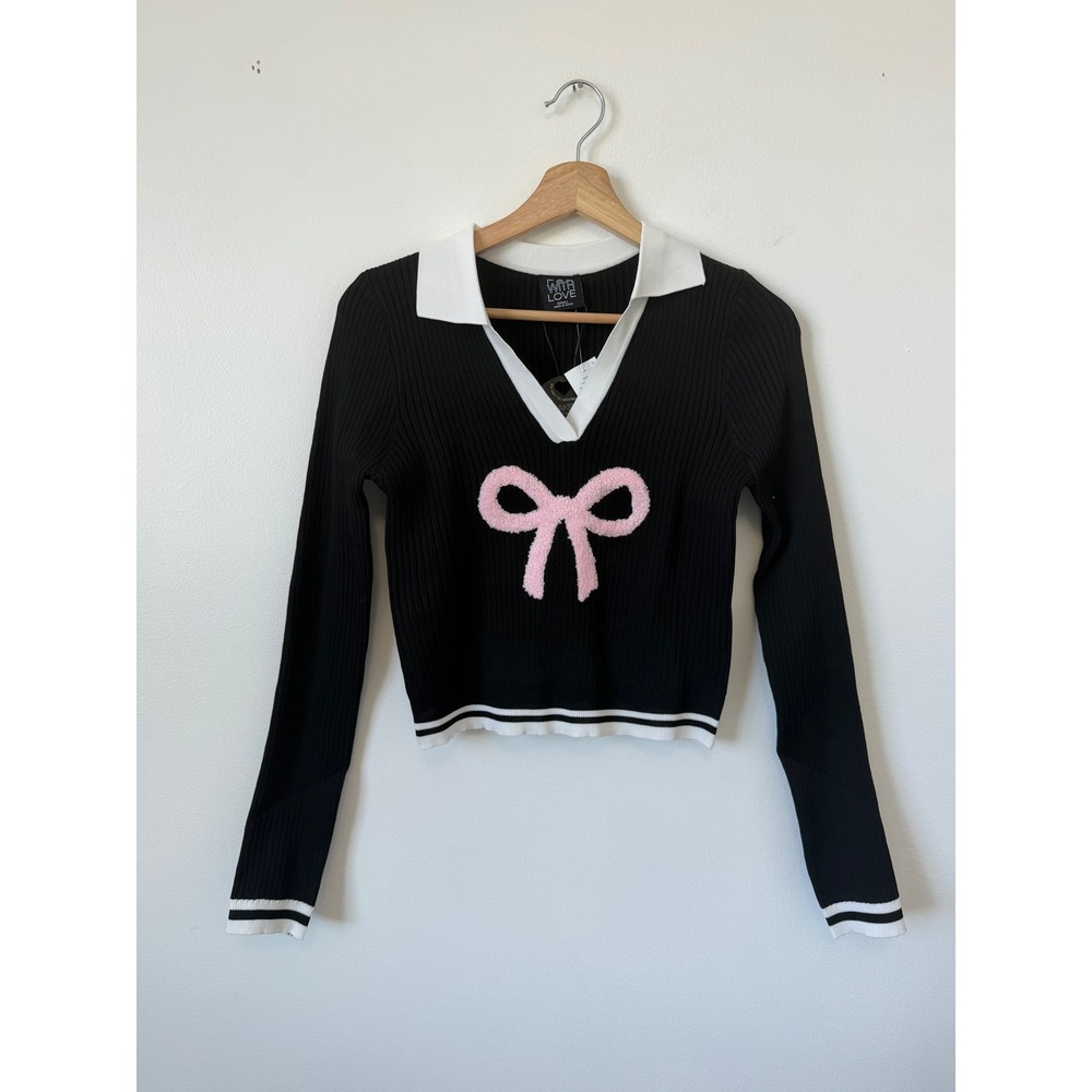 Forever 21 FCT With Love Collared Cropped Graphic Bow Sweater – Size Large - Picture 2 of 5